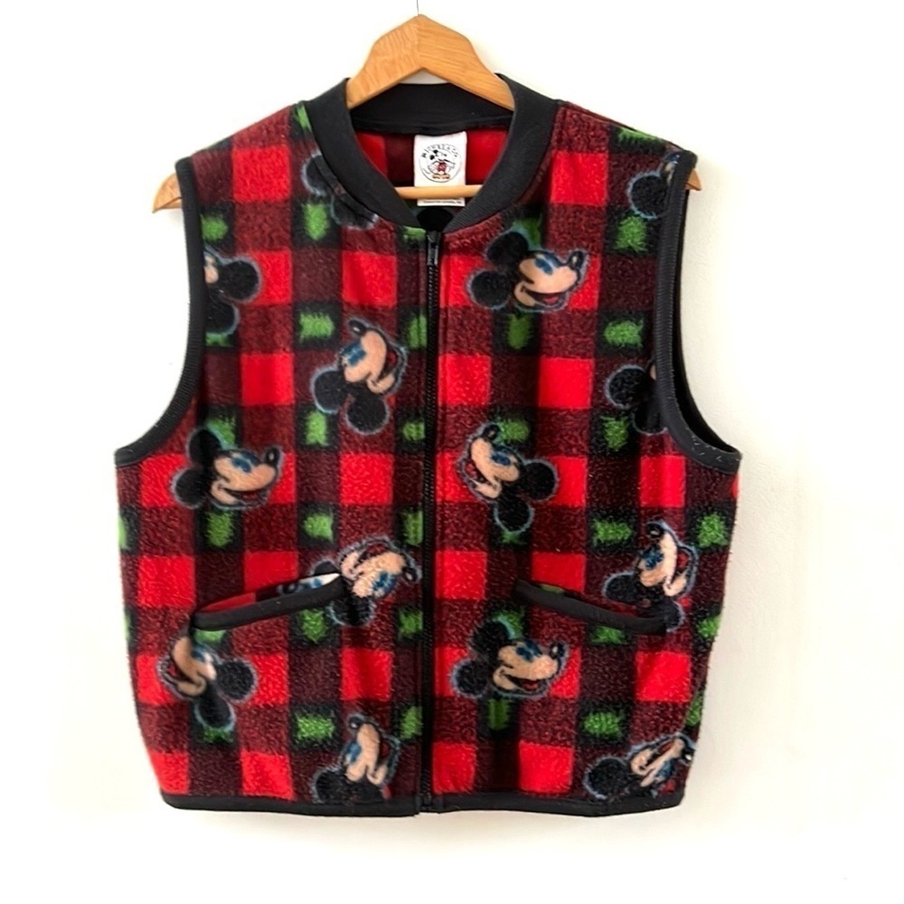Vintage Mickey Mouse Fleece Vest Mickey  and Co Donnkenny Buffalo Plaid Top 90s